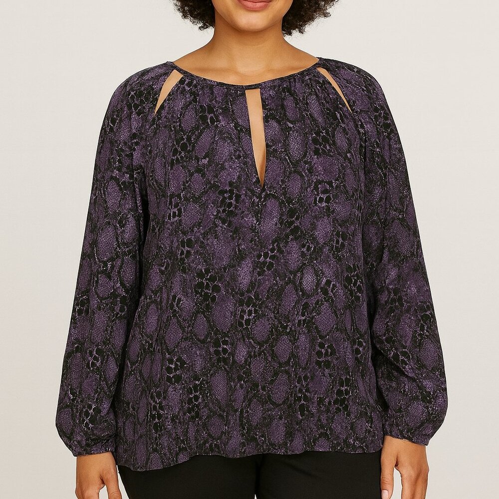Lane Bryant Purple Snakeskin Print Blouse Size 14 – Keyhole Neck Cutout Shoulder